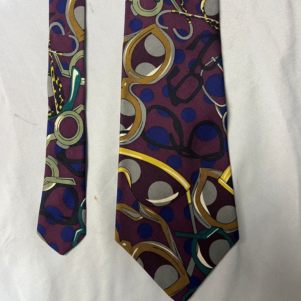 Perry Ellis Silk Tie Burgundy Blue Glasses Pattern Handmade Italy 4" Abstract